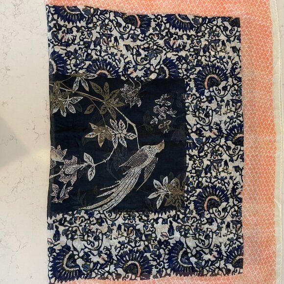 Tory Burch Inspired Lightweight Nature Print Viscose Blend Scarf Navy Peach OS - Picture 7 of 12